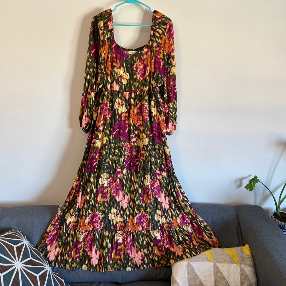 Floral Maxi Dress | Green, Purple, Yellow | Ruching & Ruffles 2XL